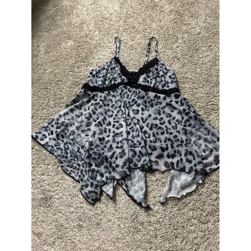 SHEIN Leopard Print Mesh Camisole Lace Trim Handkerchief Hem Top Small